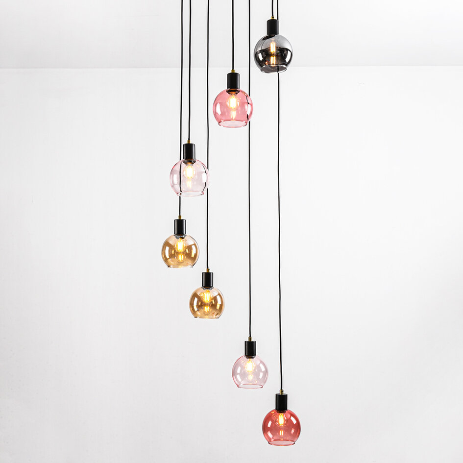 Hanglamp zwart met amber, smoke en roze glas, 7-lichts - Monroe