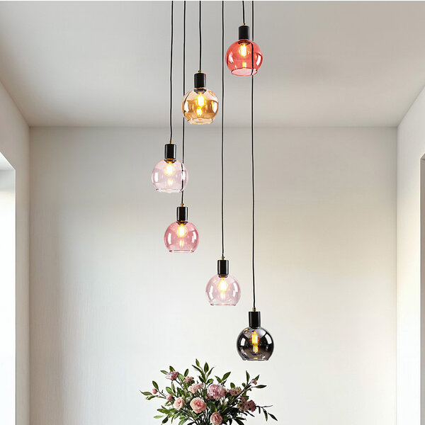 6-lichts hanglamp Monroe - zwart met amber, smoke en roze glas