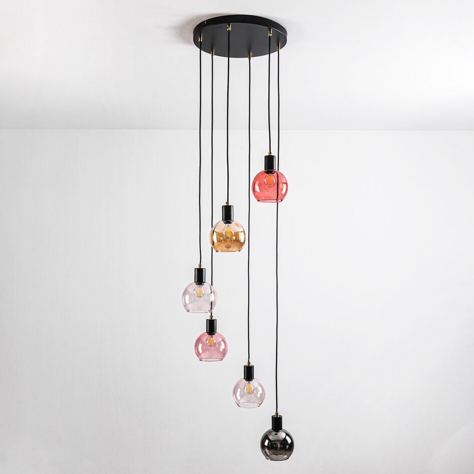 Hanglamp zwart met amber, smoke en roze glas, 6-lichts - Monroe