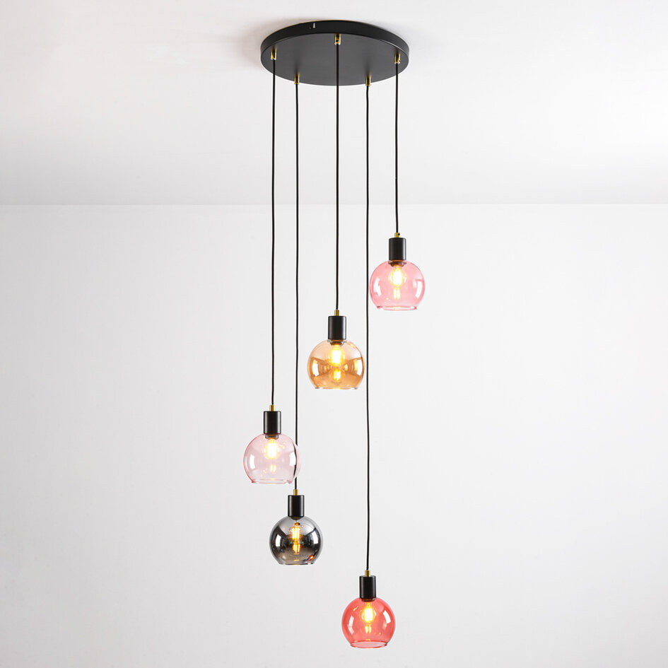 Suspension noire avec verre ambré, fumé et rose, 5 lumières - Monroe