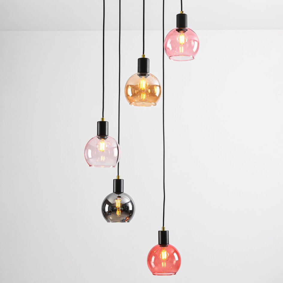 Hanglamp zwart met amber, smoke en roze glas, 5-lichts - Monroe