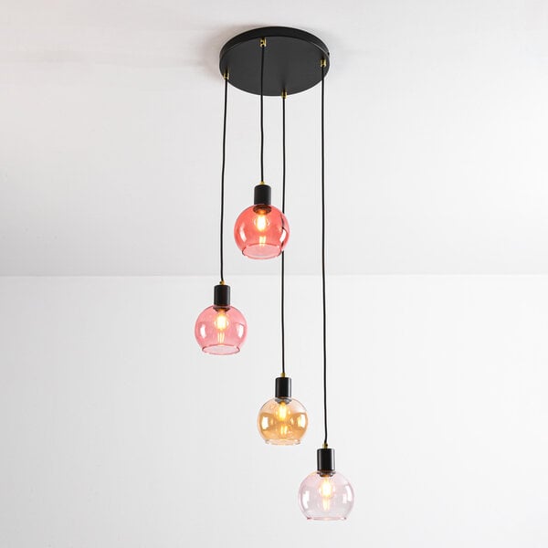 Suspension Monroe 4 lumières - noir, verre ambré et rosé