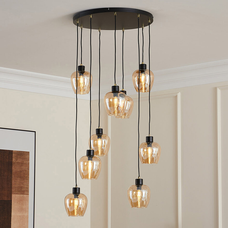 9-lichts hanglamp zwart met amber glas - Alturas