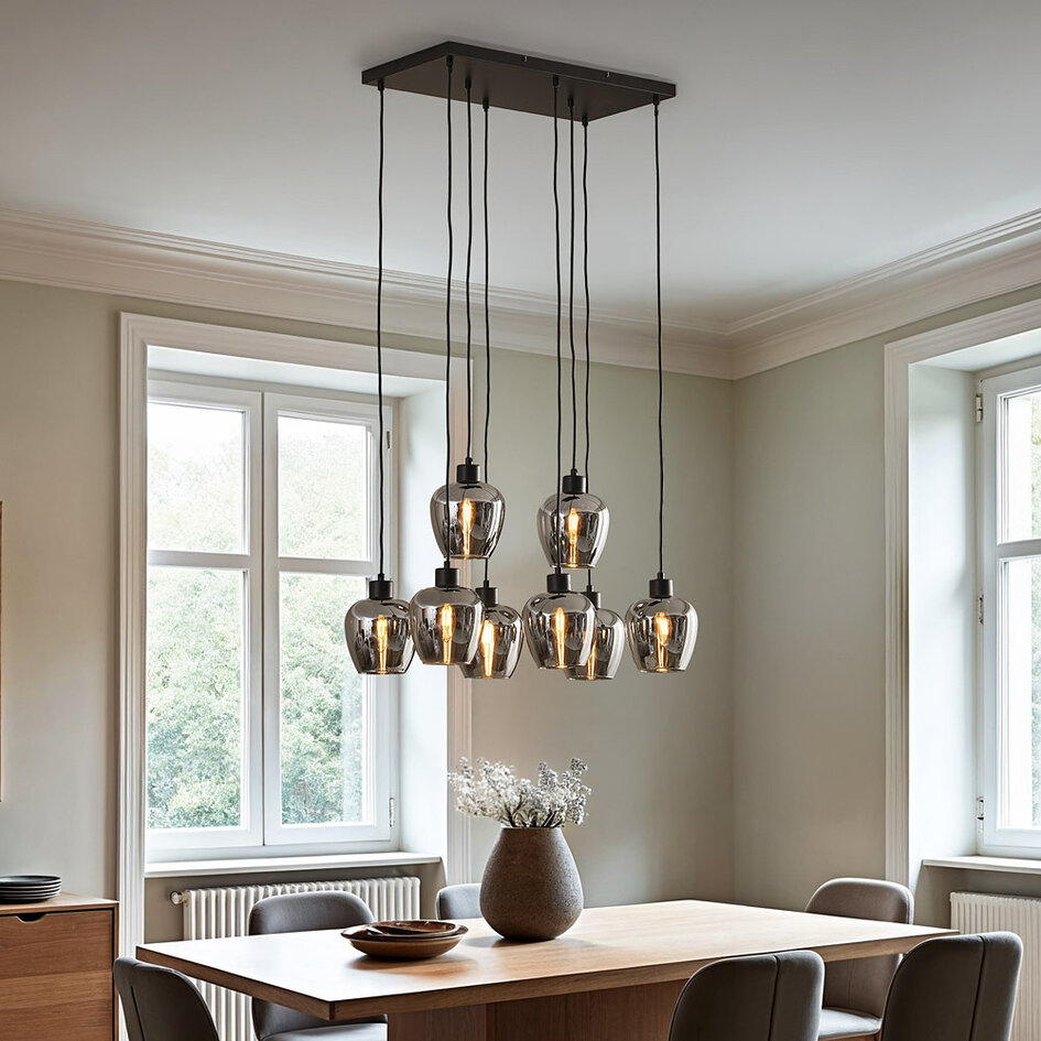 Lampe suspendue à 8 lumières noire avec verre gris fumé - Sidney