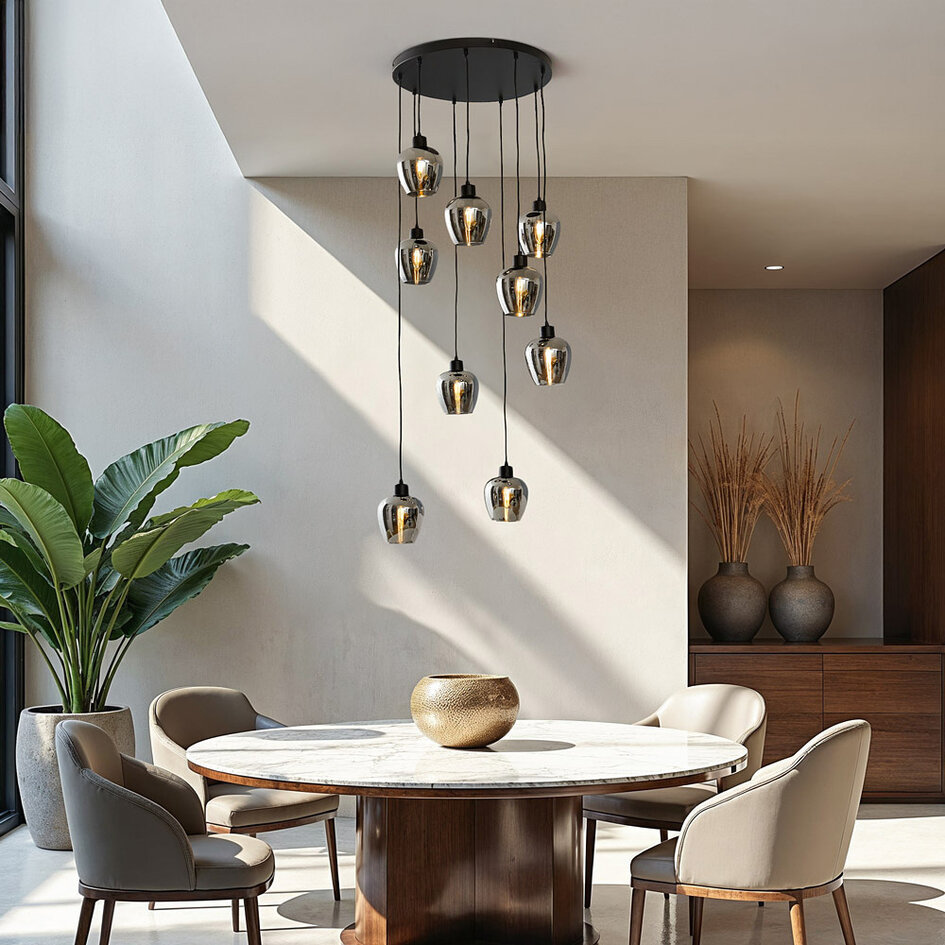 Suspension 9 lumières noire avec verre gris fumé - Alturas