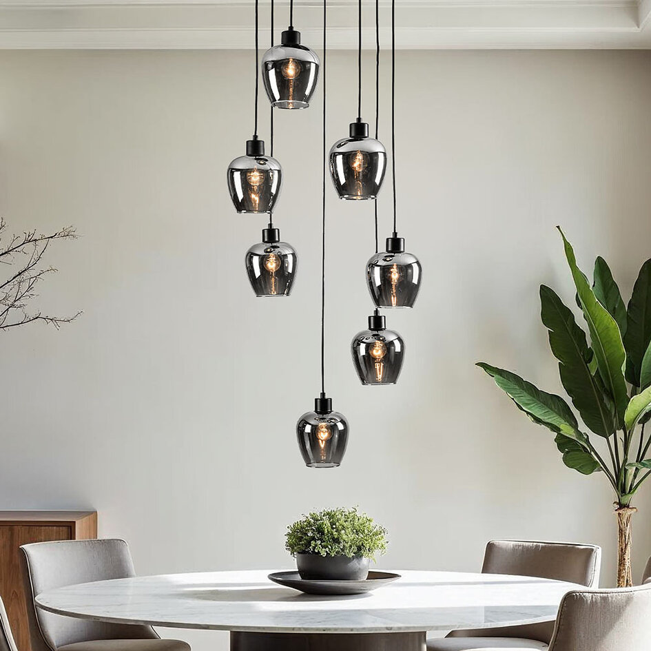 Lampe suspendue à 7 lumières noire avec verre gris fumé - Hollister