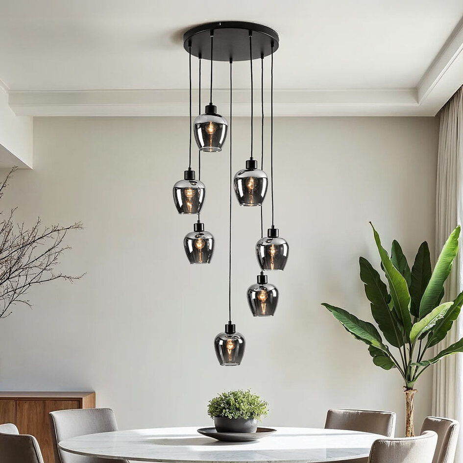 7-lichts hanglamp zwart met smoke grijs glas - Hollister