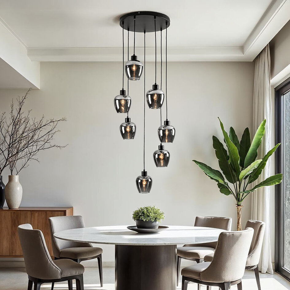 7-lichts hanglamp zwart met smoke grijs glas - Hollister