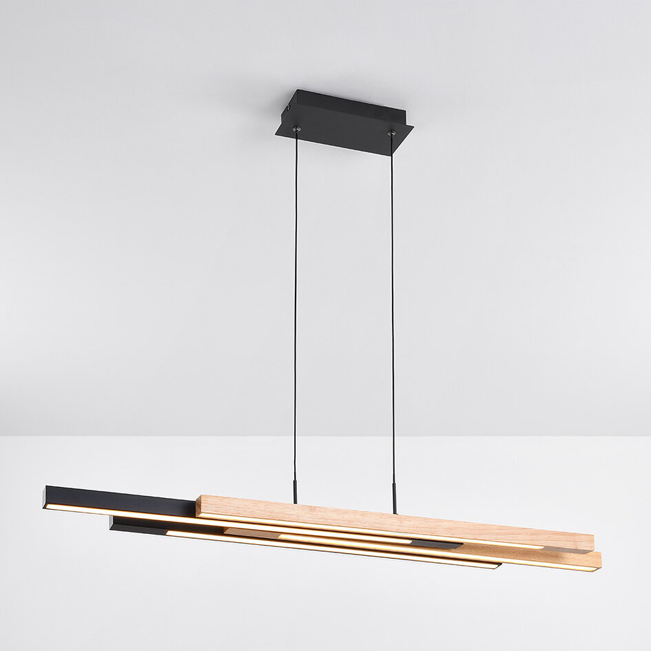 Design hanglamp zwart met licht hout 3-staps dimmer - Liana