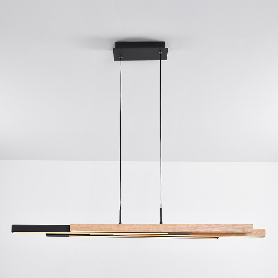 Design hanglamp zwart met licht hout 3-staps dimmer - Liana