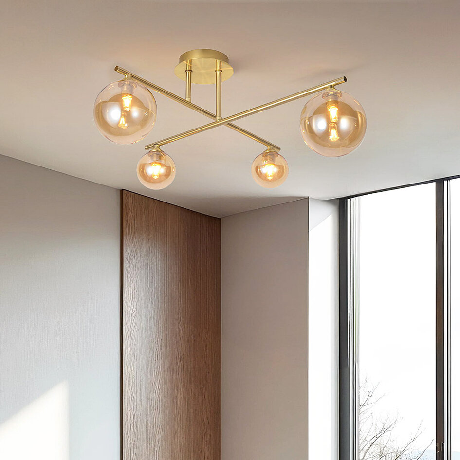 Elegante plafondlamp, 4-lichts goud met amber glas - Nymo