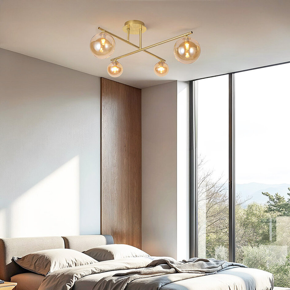 Elegante plafondlamp, 4-lichts goud met amber glas - Nymo