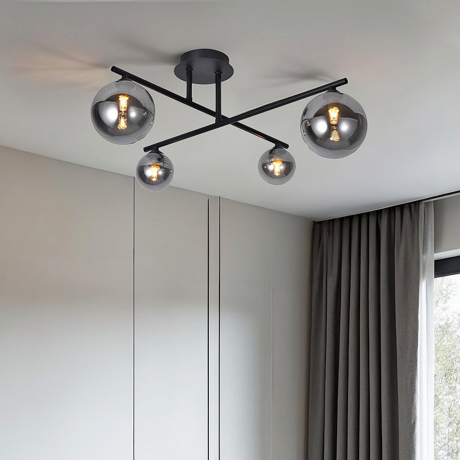 Plafonnier moderne, 4 lumières noir avec verre fumé - Nymo