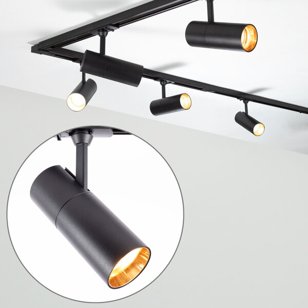 Système de rail monophasé moderne de 3 mètres avec spots Liam avec détails dorés Système de rail monophasé moderne de 3 mètres avec spots Liam avec détails dorés