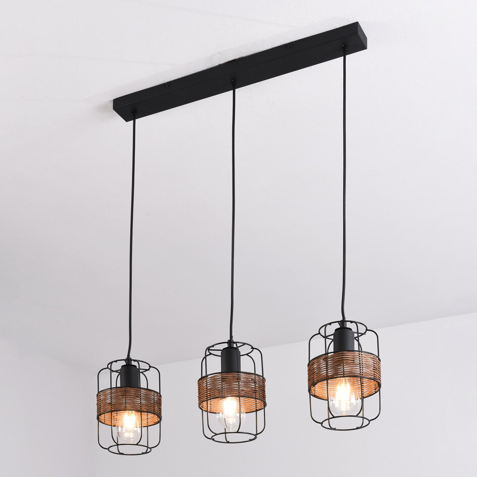 Industriële hanglamp Hira - zwart met geweven rotan