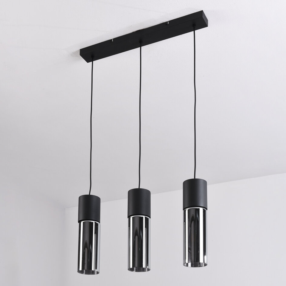 3-lichts hanglamp Esila - smoke glas en zwart langwerpig