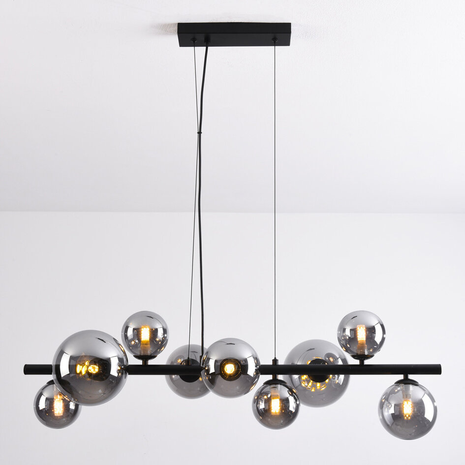 Lampe suspendue design Ennea en verre fumé avec effet miroir, 9 lumières