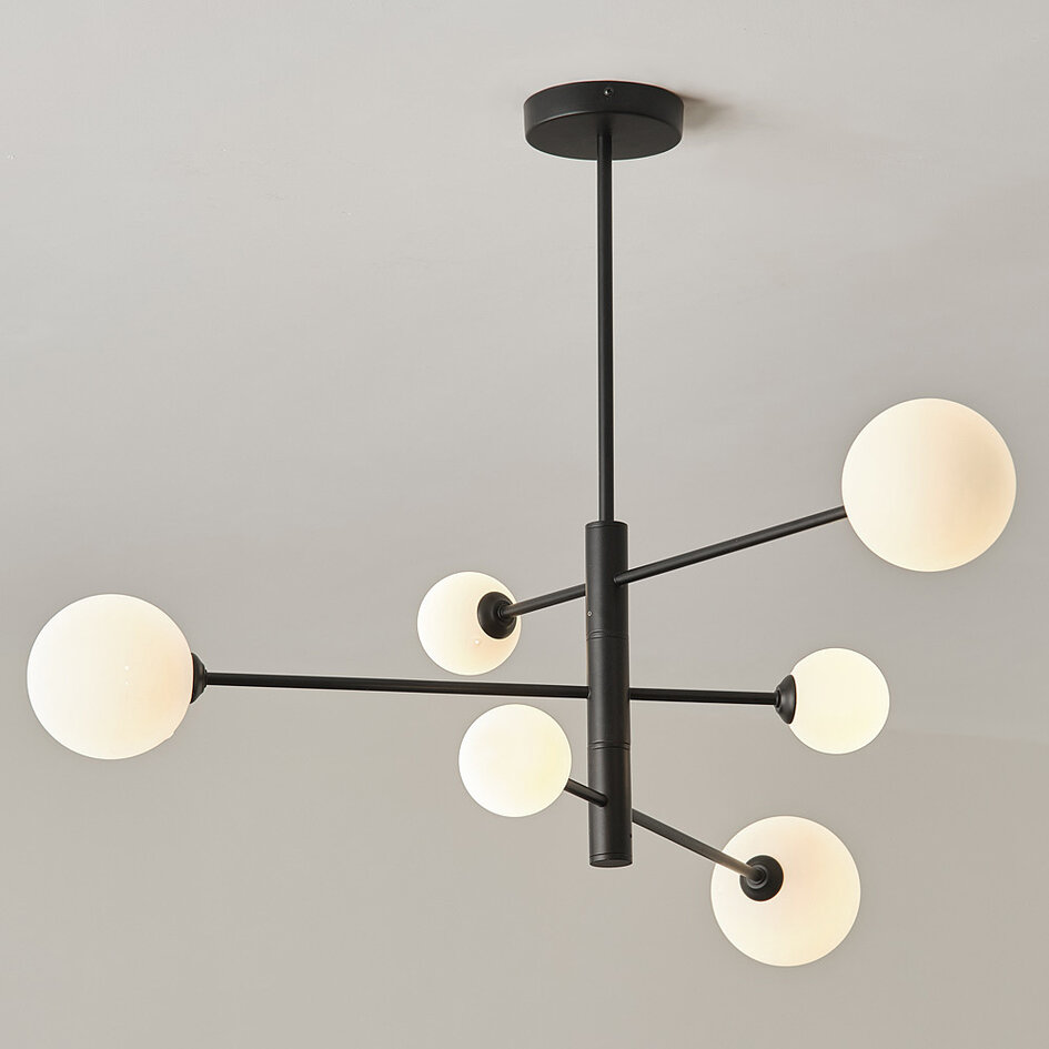 Plafonnier design noir en verre blanc laiteux, 6 lumières - Sest