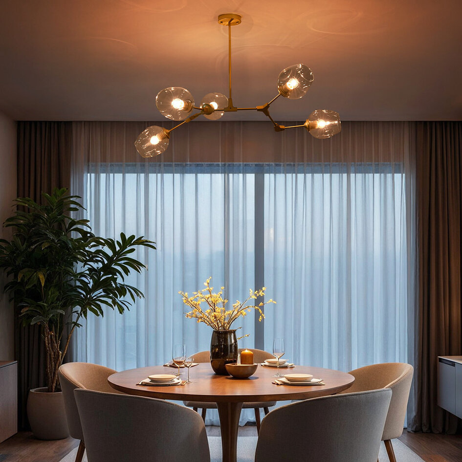 Suspension design 5 lumières en doré avec verre transparent - Selini