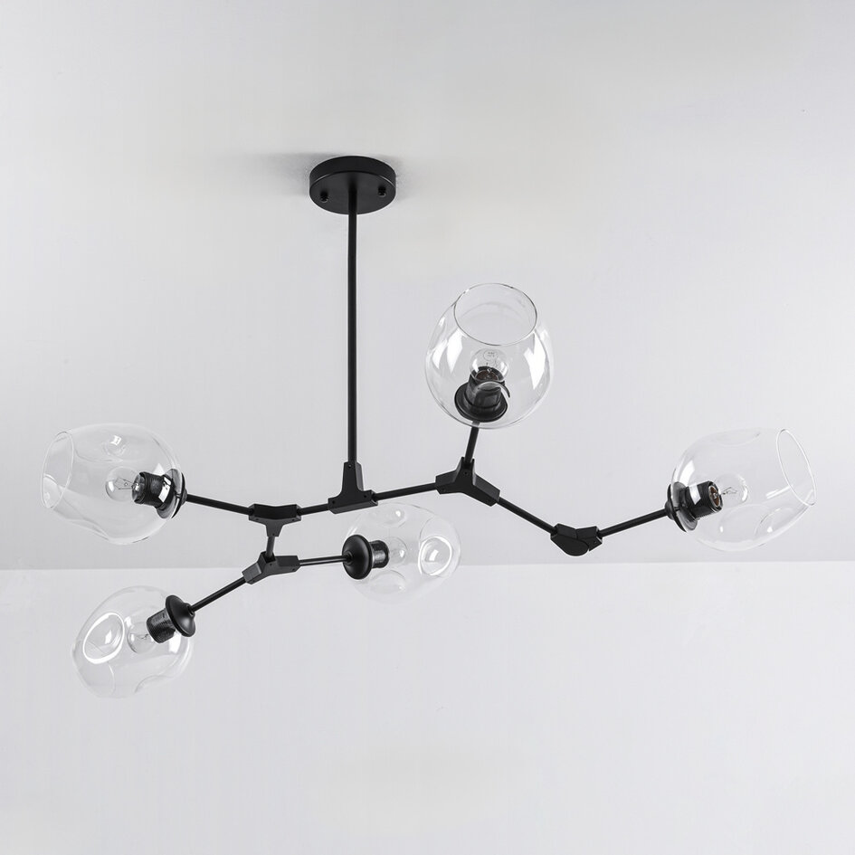 Suspension design 5 lumières en noir avec verre transparent - Salome