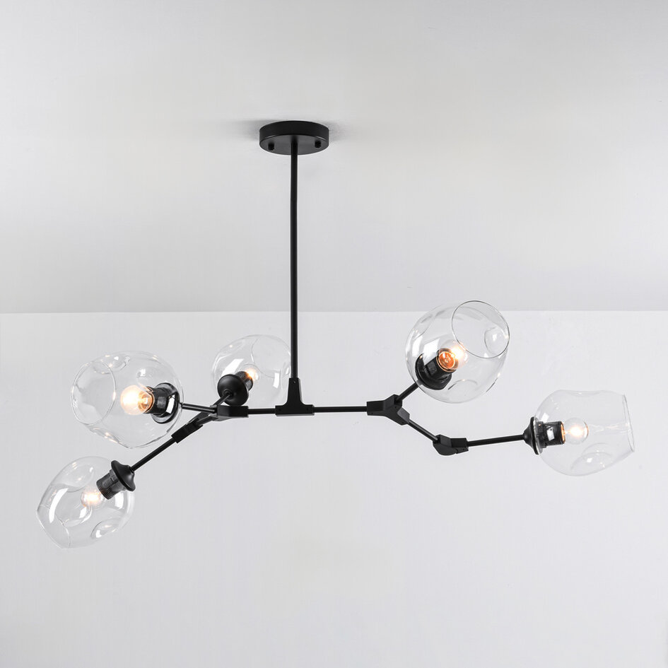 Suspension design 5 lumières en noir avec verre transparent - Salome