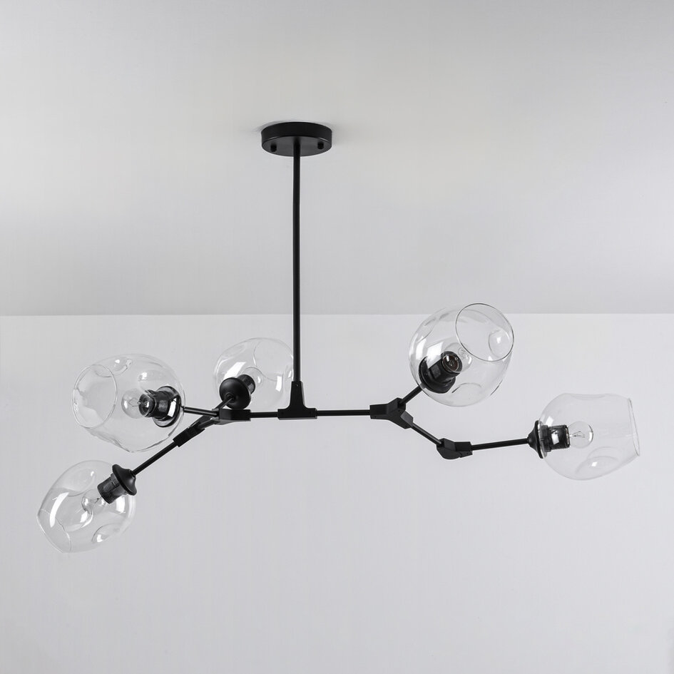 Suspension design 5 lumières en noir avec verre transparent - Salome