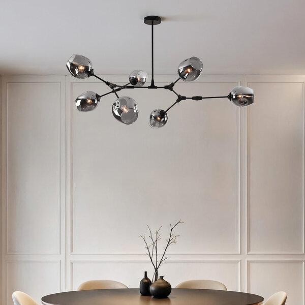 Suspension design 7 lumières en noir avec verre fumé - Phaedra