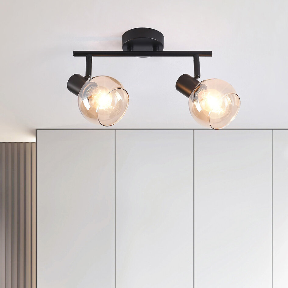 Plafonnier noir Phiene avec 2 spots en verre ambré orientables