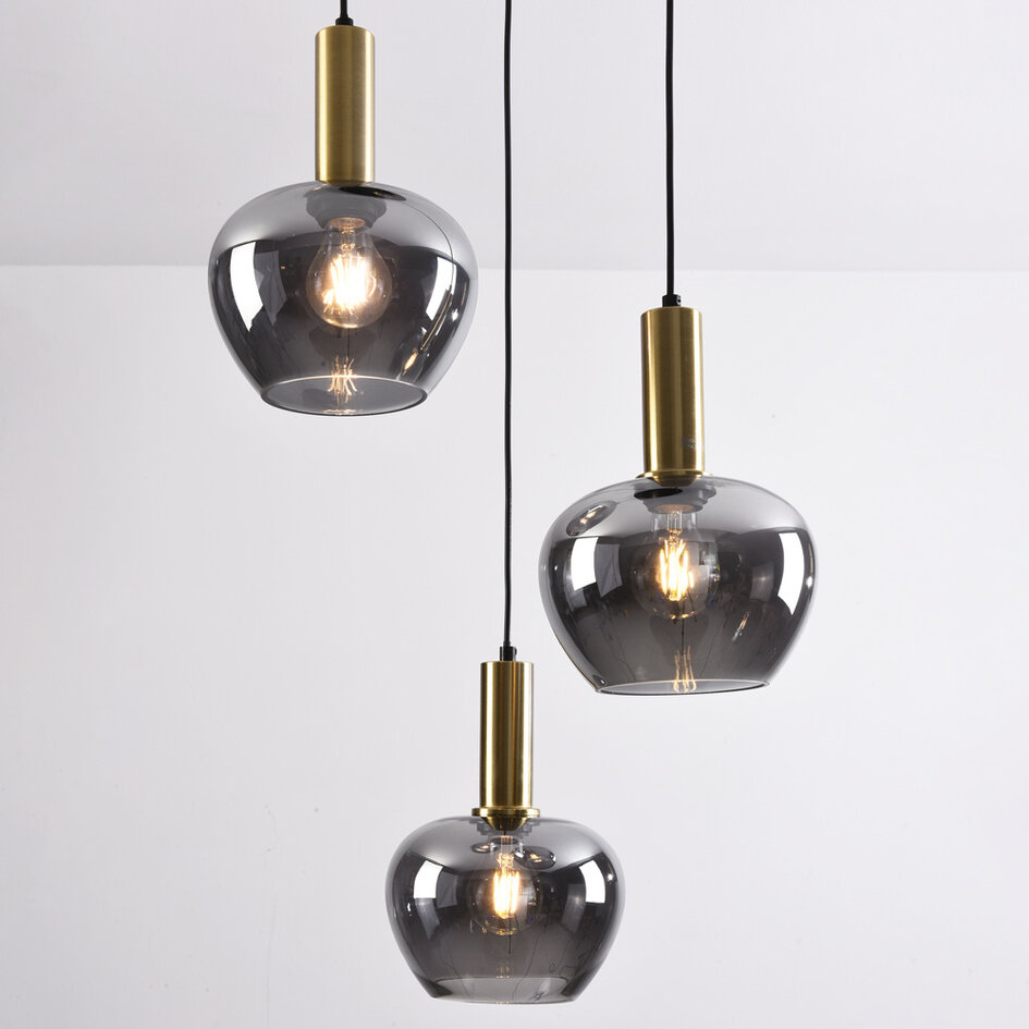 Lampe suspendue moderne Ismay avec verre fumé, 3-lumières - or