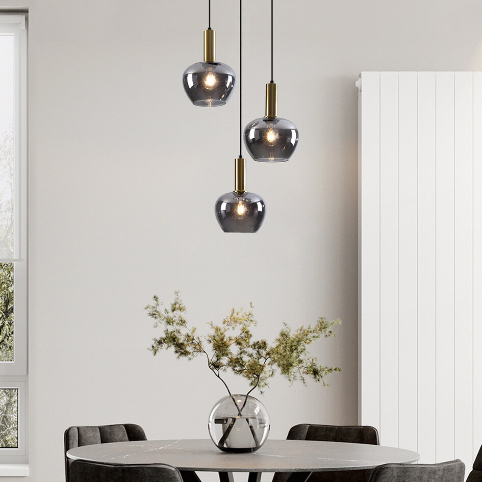 Lampe suspendue moderne Ismay avec verre fumé, 3-lumières - or