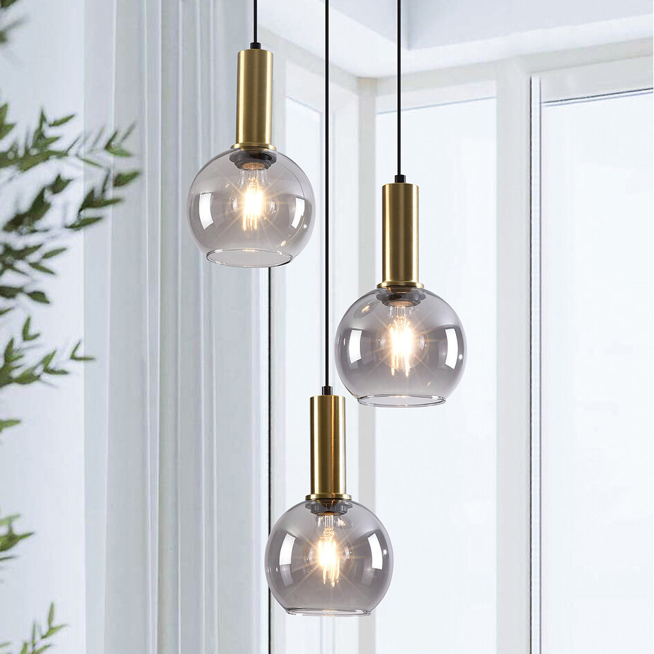 Lampe suspendue Imme avec verre fumé, 3-lumières - or