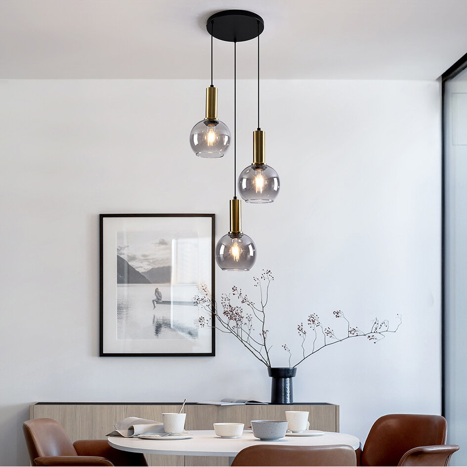 Lampe suspendue Imme avec verre fumé, 3-lumières - or