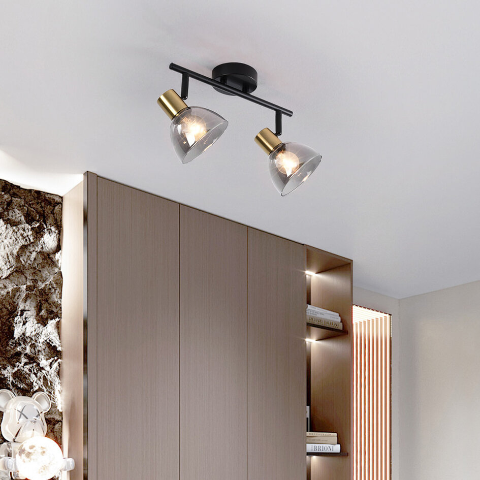 Plafonnier noir avec laiton doré, 2 lampes - Kaio