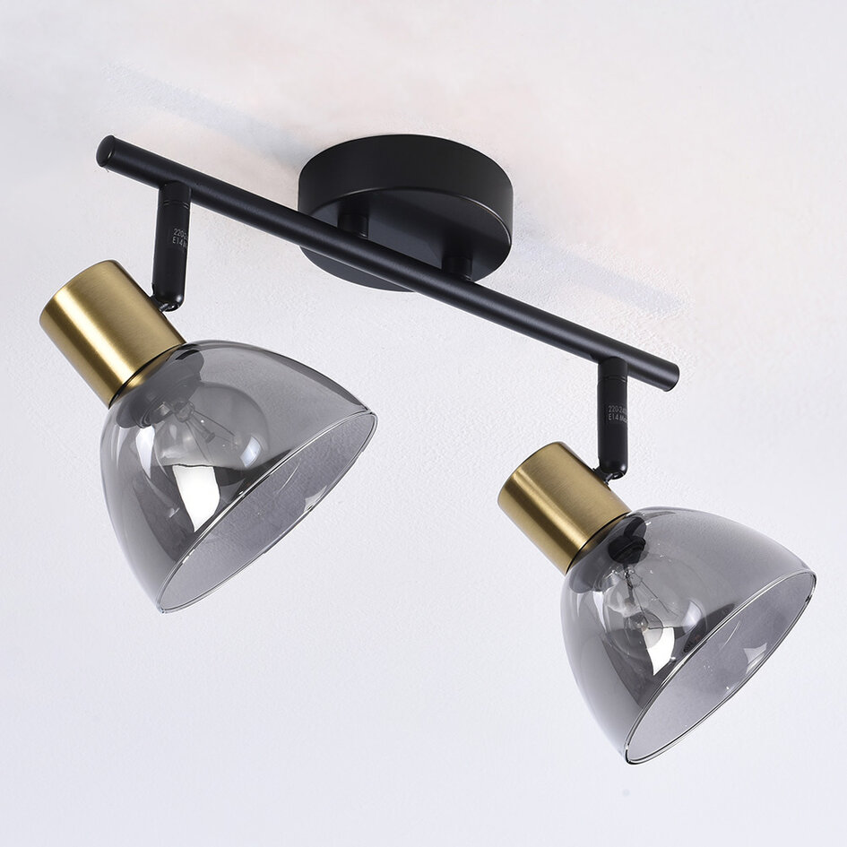 Plafonnier noir avec laiton doré, 2 lampes - Kaio