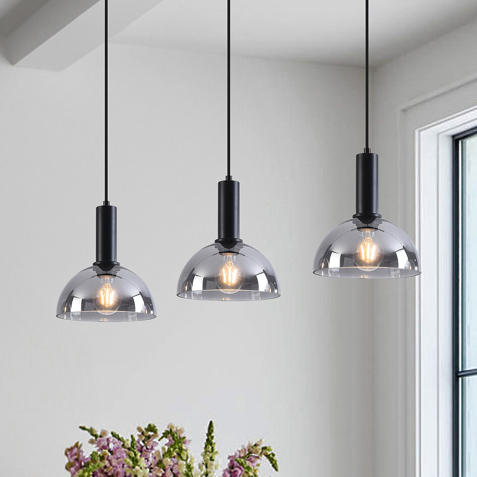 Lampe suspendue noire avec verre fumé, 3 lumières - Filiz