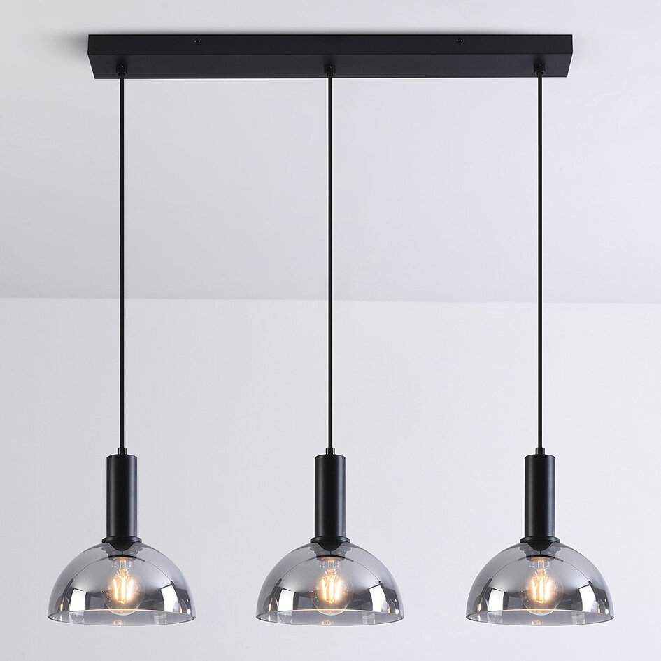 Lampe suspendue noire avec verre fumé, 3 lumières - Filiz