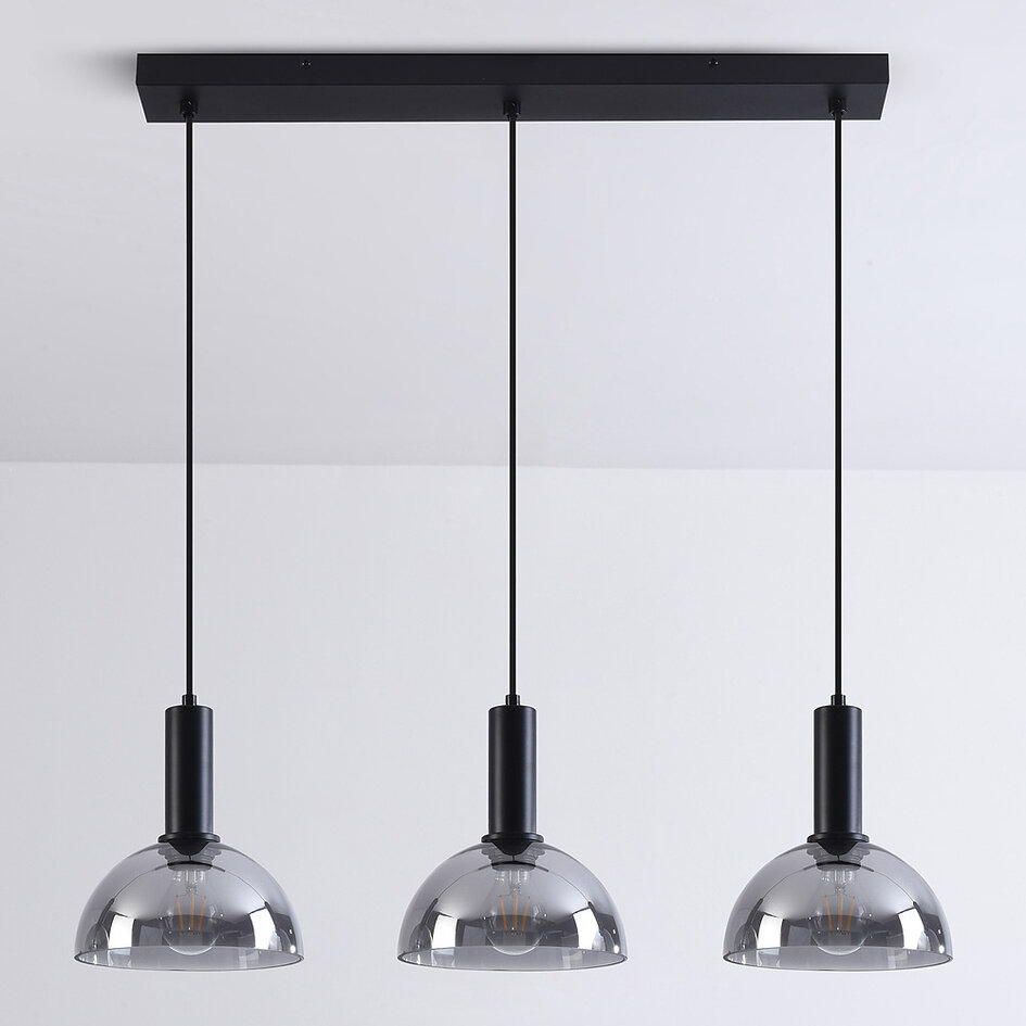 Lampe suspendue noire avec verre fumé, 3 lumières - Filiz