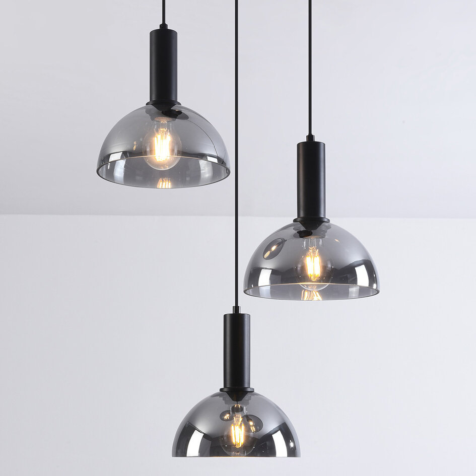 Hanglamp zwart met smoke glas, 3-lichts - Fares