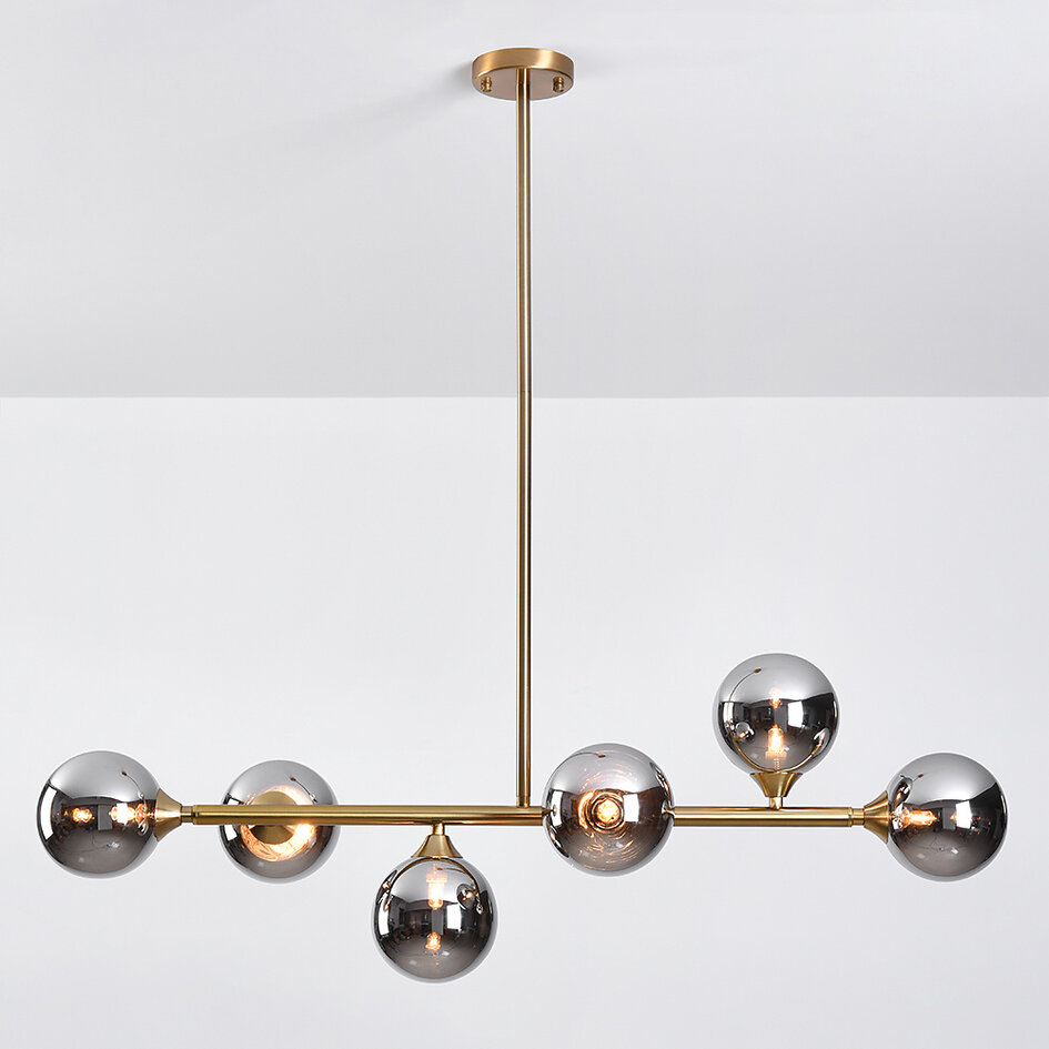 6-lichts hanglamp Aster - goud met smoke glas en spiegeleffect