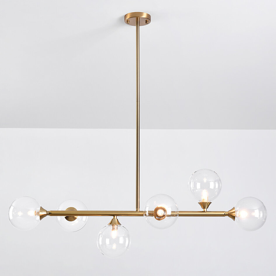 6-lichts hanglamp Aster - goud met transparante glazen bollen