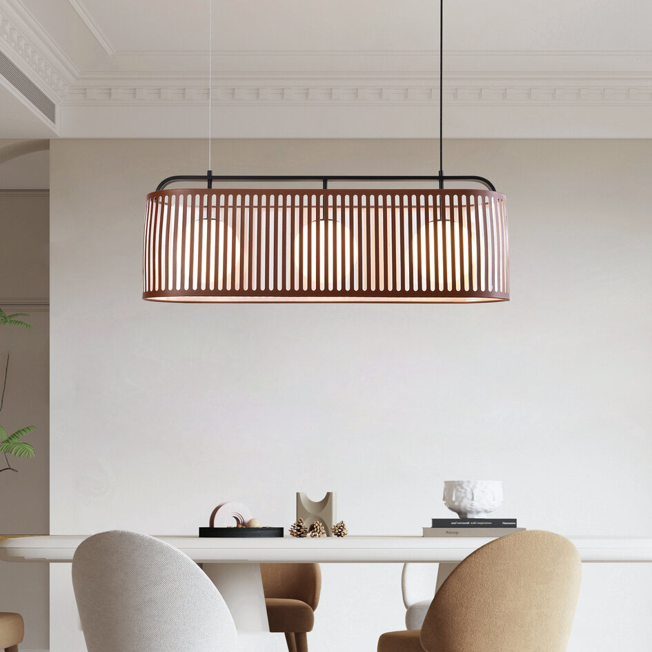 Lampe suspendue avec abat-jour en cuir, 3 lumières - Marrone