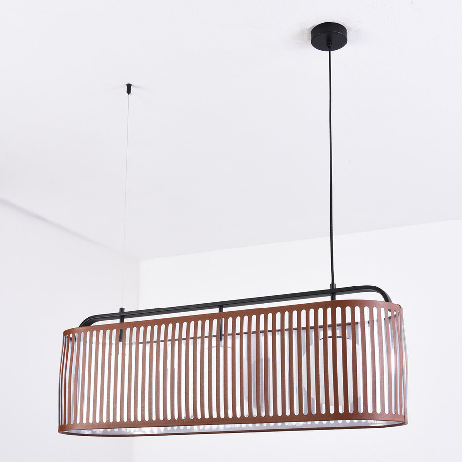 Suspension Marrone 3 lumières - abat-jour en cuir brun et verre opalin