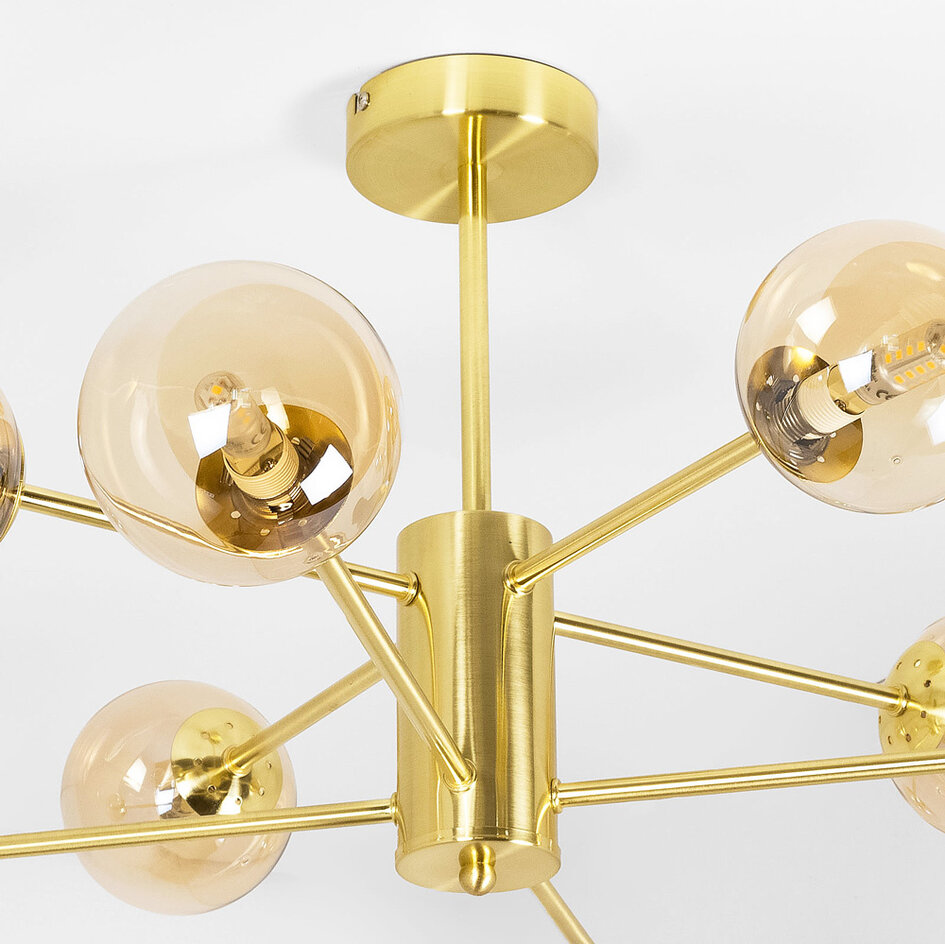 Plafonnier Idaho 8 lumières - doré sable avec globes en verre ambré