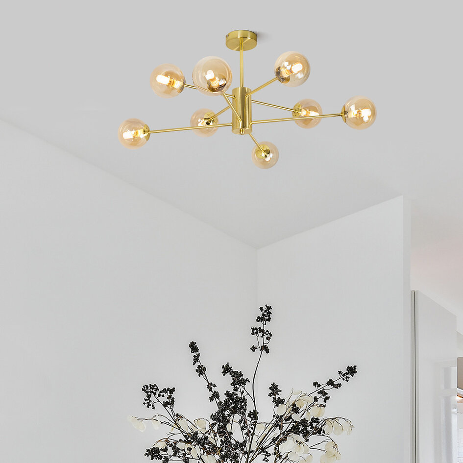 Plafonnier Idaho 8 lumières - doré sable avec globes en verre ambré