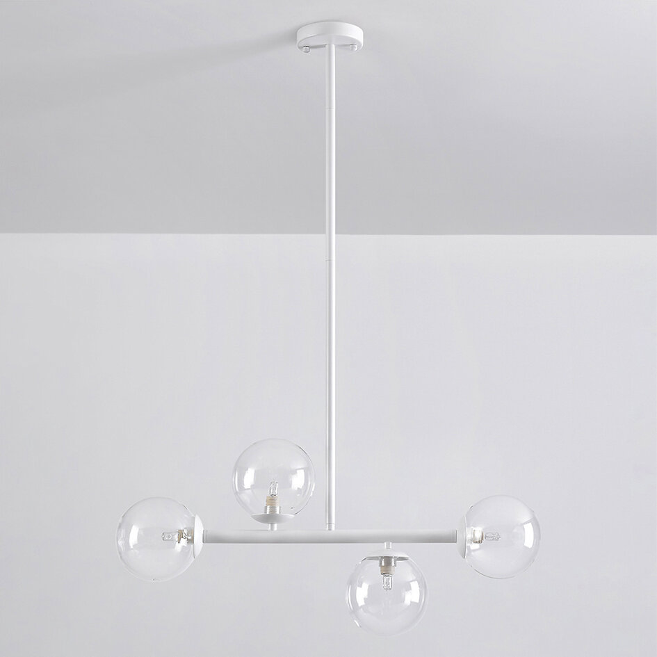 4-lichts hanglamp Asun - wit frame met transparante glazen bollen