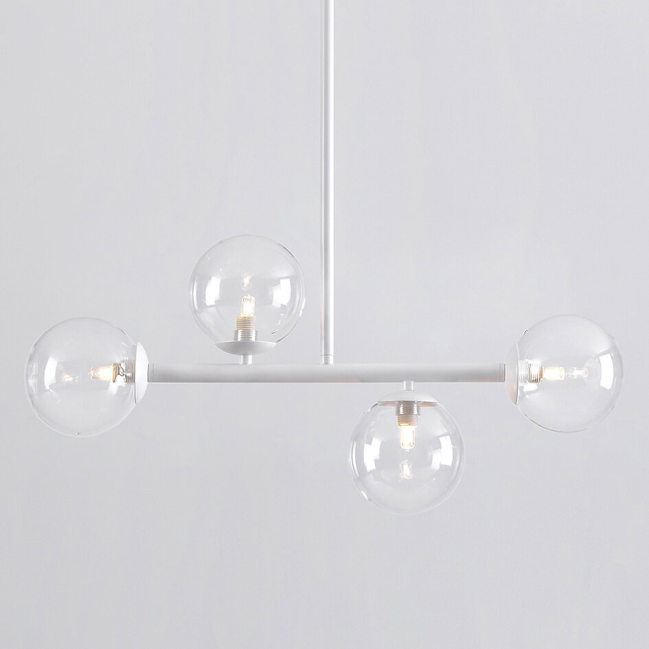 4-lichts hanglamp Asun - wit frame met transparante glazen bollen