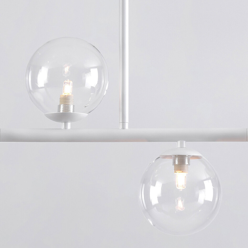 Lampe suspendue Asun avec cadre blanc et sphères en verre transparent
