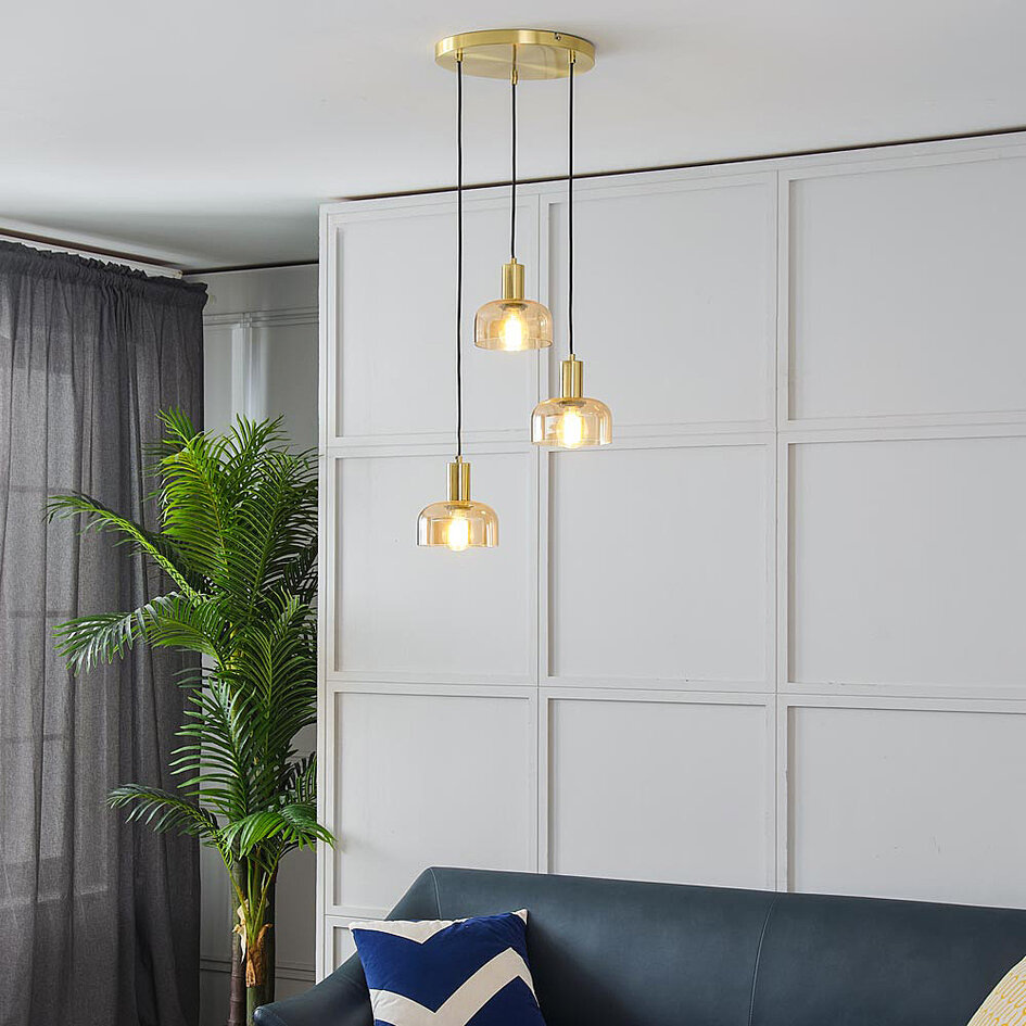 Lampe suspendue or avec verre ambré, 3 lumières - Marrom