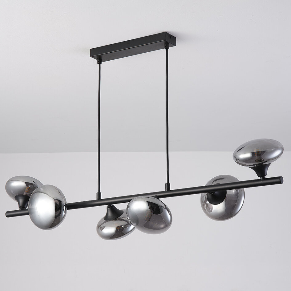 Suspension Ovais 6 lumières en verre fumé - noir mat