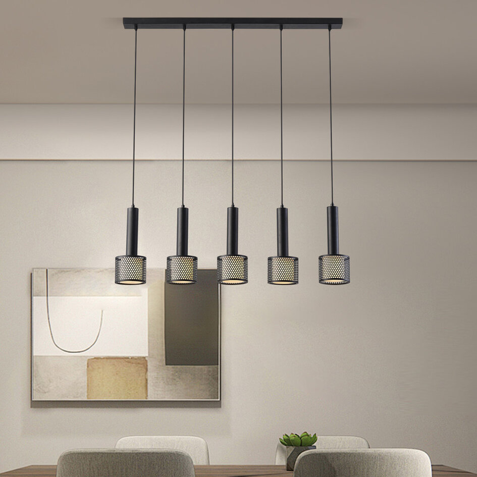 Zwarte industriële hanglamp, 5-lichts - Fosco